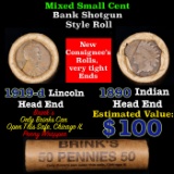 Mixed small cents 1c orig shotgun roll, 1919-d Wheat Cent, 1890 Indian Cent other end, Brinks Wrappe