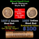 Mixed small cents 1c orig shotgun roll, 1917-d Wheat Cent, 1887 Indian Cent other end, Brinks Wrappe