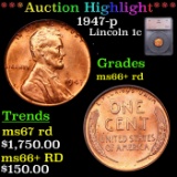 ***Auction Highlight*** 1947-p Lincoln Cent Near TOP POP! 1c Graded ms66+ rd BY SEGS (fc)