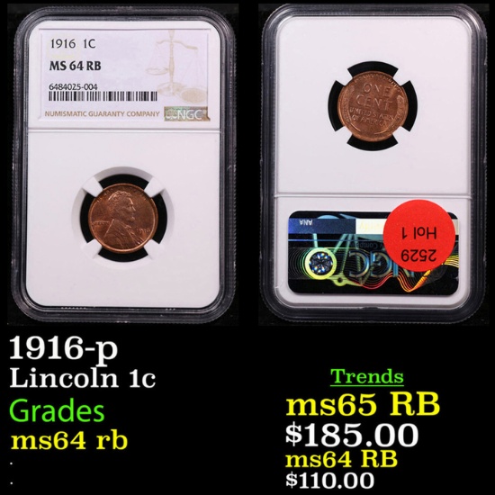 NGC 1916-p Lincoln Cent 1c Graded ms64 rb By NGC