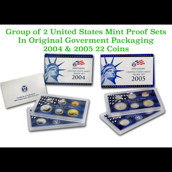 Group of 2 United States Mint Proof Sets 2004-2005 22 coins.