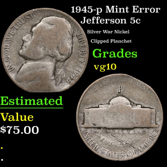 1945-p Jefferson Nickel Mint Error 5c Grades vg+