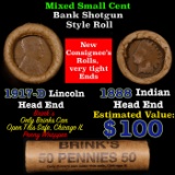 Mixed small cents 1c orig shotgun roll, 1917-d Wheat Cent, 1888 Indian Cent other end, Brinks Wrappe