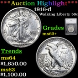 ***Auction Highlight*** 1916-d Walking Liberty Half Dollar 50c Graded ms63+ By SEGS (fc)