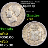 1885 MS-M Spain 1 Peseta Silver Coin KM-686 Grades vf+