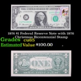 1974 $1 Federal Reserve Note with 1976 Christmas Bicentennial Stamp Grades Gem CU