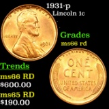 1931-p Lincoln Cent 1c Grades GEM+ Unc RD