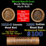 Mixed small cents 1c orig shotgun roll, 1919-s Wheat Cent, 1899 Indian Cent other end, Brinks Wrappe