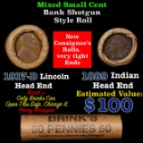 Mixed small cents 1c orig shotgun roll, 1917-d Wheat Cent, 1889 Indian Cent other end, Brinks Wrappe