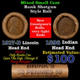 Mixed small cents 1c orig shotgun roll, 1917-d Wheat Cent, 1896 Indian Cent other end, Brinks Wrappe