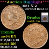 ***Auction Highlight*** 1824 Coronet Head Large Cent N-2 1c Graded ms63+ bn BY SEGS (fc)