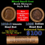 Mixed small cents 1c orig shotgun roll, 1919-d Wheat Cent, 1893 Indian Cent other end, Brinks Wrappe