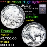 ***Auction Highlight*** 1914-s Buffalo Nickel 5c Graded ms64+ By SEGS (fc)