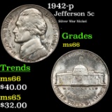 1942-p Jefferson Nickel 5c Grades GEM+ Unc