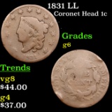 1831 LL Coronet Head Large Cent 1c Grades g+