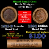 Mixed small cents 1c orig shotgun roll, 1918-d Wheat Cent, 1894 Indian Cent other end, Brinks Wrappe