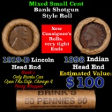 Mixed small cents 1c orig shotgun roll, 1919-d Wheat Cent, 1898 Indian Cent other end, Brinks Wrappe