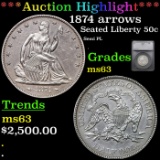 ***Auction Highlight*** 1874 arrows Seated Half Dollar 50c Graded ms63 By SEGS (fc)