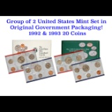 Group of 2 United States Mint Set in Original Government Packaging! From 1992-1993 with 20 Coins Ins