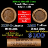 Mixed small cents 1c orig shotgun roll, 1917-d Wheat Cent, 1896 Indian Cent other end, Brinks Wrappe