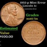 1952-p Lincoln Cent Mint Error 1c Grades Select Unc BN