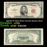 1953B $5 Red Seal United States Note Grades vf++