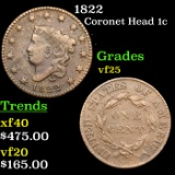 1822 Coronet Head Large Cent 1c Grades vf+