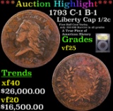 ***Auction Highlight*** 1793 Liberty Cap half cent C-1 B-1 1/2c Graded vf+ By USCG (fc)