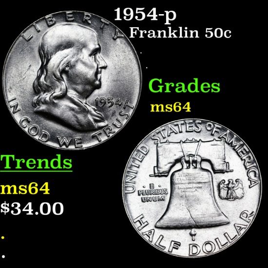 1954-p Franklin Half Dollar 50c Grades Choice Unc