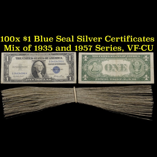100x $1 Blue Seal Silver Certificates - Mix of 1935 and 1957 Series, VF-CU