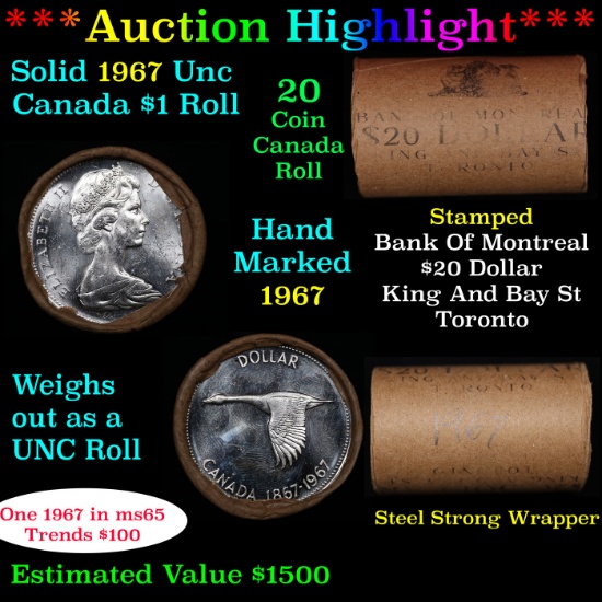 ***Auction Highlight*** Full Roll of Silver 1967 Canadian Dollar with Queen Elizabeth II, 20 Coins i