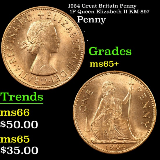 1964 Great Britain Penny 1P Queen Elizabeth II KM-897 Grades GEM+ Unc