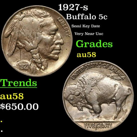 1927-s Buffalo Nickel 5c Grades Choice AU/BU Slider