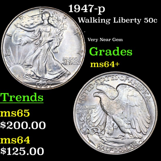 1947-p Walking Liberty Half Dollar 50c Grades Choice+ Unc