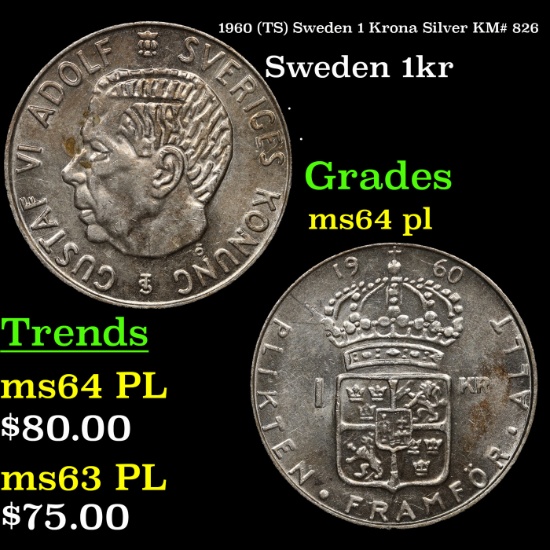 1960 (TS) Sweden 1 Krona Silver KM# 826 Grades Choice Unc PL
