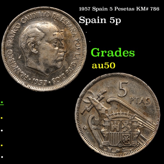 1957 Spain 5 Pesetas KM# 786 Grades AU, Almost Unc