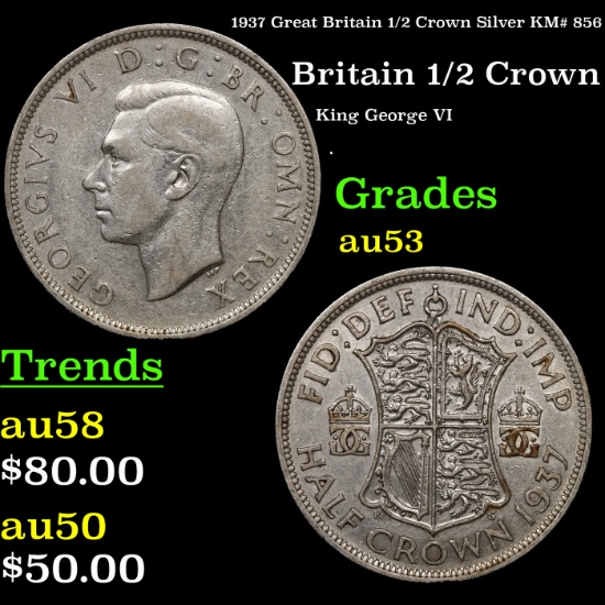 1937 Great Britain 1/2 Crown Silver KM# 856 Grades Select AU