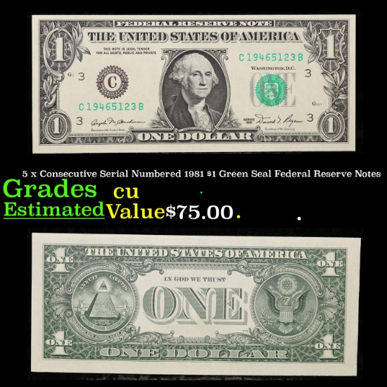 5 x Consecutive Serial Numbered 1981 $1 Green Seal Federal Reserve Notes Grades CU