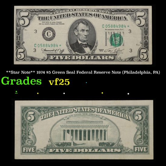 **Star Note** 1974 $5 Green Seal Federal Reserve Note (Philadelphia, PA) Grades vf+