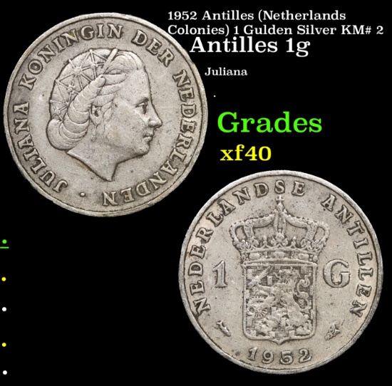 1952 Antilles (Netherlands Colonies) 1 Gulden Silver KM# 2 Grades xf