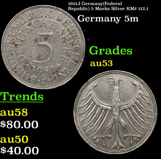 1951J Germany(Federal Republic) 5 Marks Silver KM# 112.1 Grades Select AU
