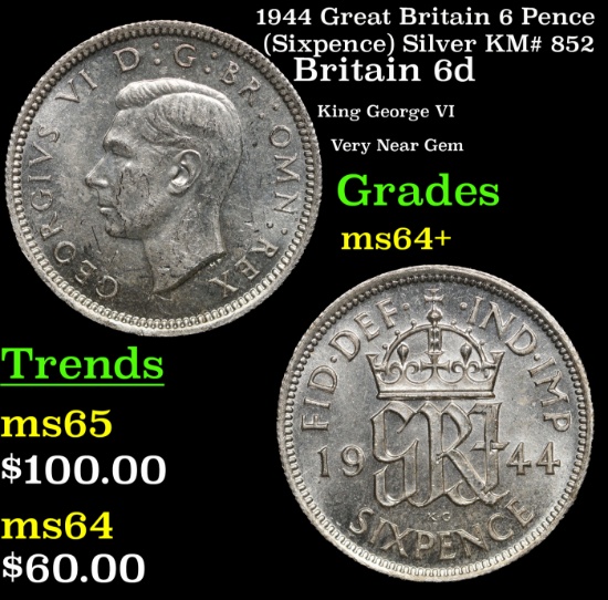 1944 Great Britain 6 Pence (Sixpence) Silver KM# 852 Grades Choice+ Unc