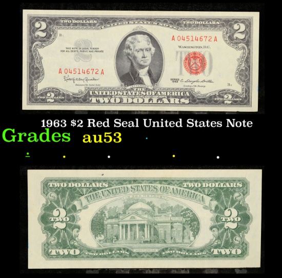 1963 $2 Red Seal United States Note Grades Select AU