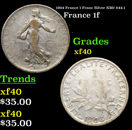 1904 France 1 Franc Silver KM# 844.1 Grades xf
