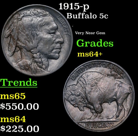 1915-p Buffalo Nickel 5c Grades Choice+ Unc