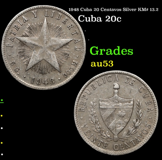 1948 Cuba 20 Centavos Silver KM# 13.2 Grades Select AU