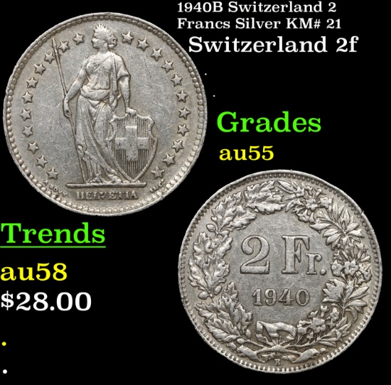 1940B Switzerland 2 Francs Silver KM# 21 Grades Choice AU