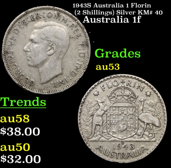 1943S Australia 1 Florin (2 Shillings) Silver KM# 40 Grades Select AU