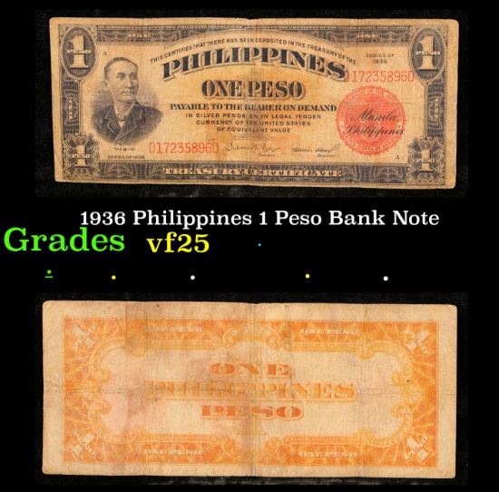 1936 Philippines 1 Peso Bank Note Grades vf+