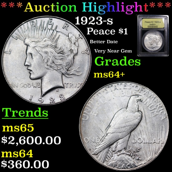 ***Auction Highlight*** 1923-s Peace Dollar $1 Graded Choice+ Unc BY USCG (fc)